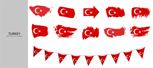 Turkish flag set. Graphic with brushed stroke. Turkey symbol collection.