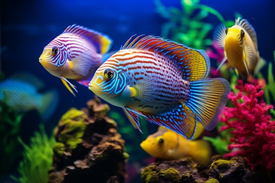 Colorful and unique fish species swimming peacefully in a tropical tank. Generative AI