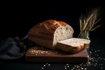 Fluffy homemade wheat bread on dark background. Generative AI