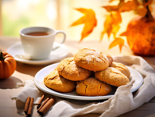 Fresh baked pumpkin cookies on white plate on kitchen table, blurred fall background