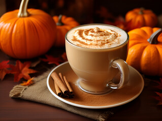 Delicious pumpkin coffee latte with spices on table, blurred background