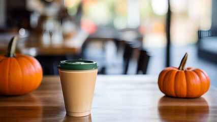 Pumpkin spice latte in to go mock up cup on the table in a cafe, blurred fall background - obrazy, fototapety, plakaty