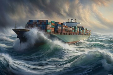 Stunning artwork of a dynamic container ship amidst powerful ocean waves. Generative AI
