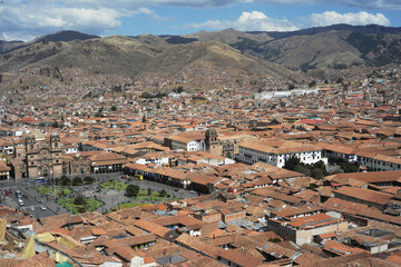 Cuzco Peru aerial view of the city with its historic buildings Plaza de Armas and its 16th century...