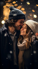 Fototapeta premium Young couple enjoying a walk in christmas market at a lovely night, close up portrait