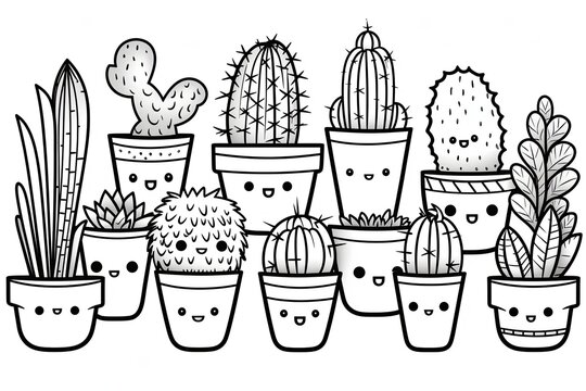 Cute kawaii set of cactus in flowerpots, Black and white illustration for coloring book, Hand drawn doodle plants.
