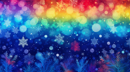 Snowy landscape in rainbow colors. Generated with ai.