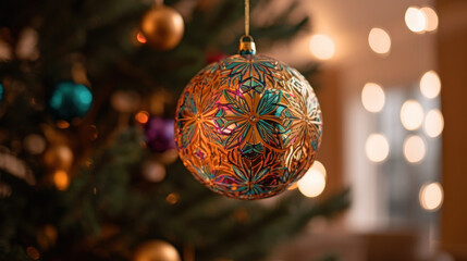 Colorful hanging Christmas ornament created with Generative AI Technology.