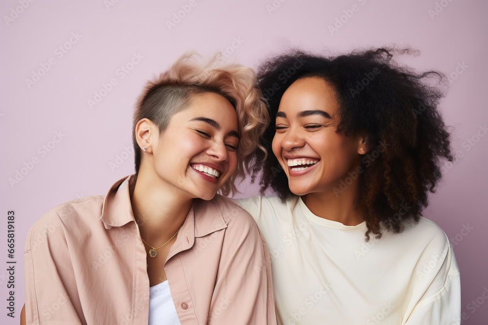 Wall mural Two diverse happy women having fun together in a studio environment - Wall murals