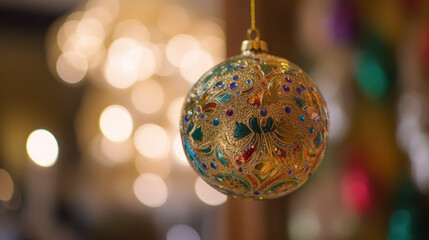Colorful hanging Christmas ornament created with Generative AI Technology.