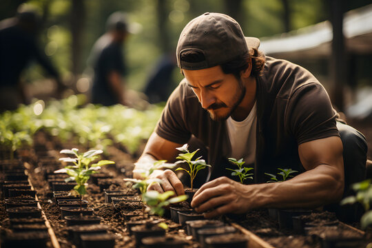 An eco-conscious person actively planting trees in a community garden, promoting environmental sustainability and green initiatives