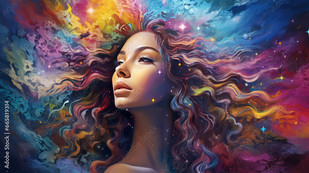 Wall mural woman in rainbow galaxy, generated with ai