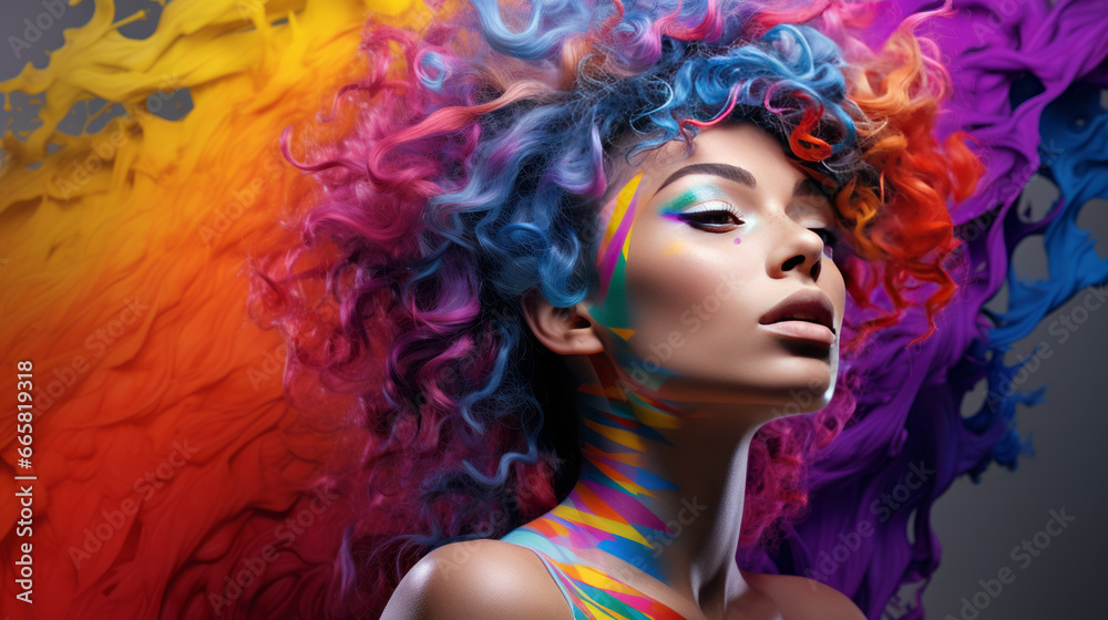 Wall mural Portrait of woman with colorful make-up surrounded by a rainbow color explosion, generated with ai