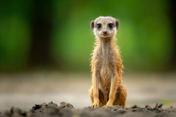 A captivating photograph of a curious meerkat standing on its hind legs, surveying its surroundings in the vast savannah, showcasing the meerkat's alertness and adaptability to the arid environmen - obrazy, fototapety, plakaty