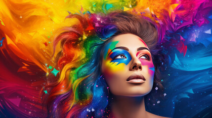 Portrait of woman with colorful make-up surrounded by a rainbow color explosion, generated with ai