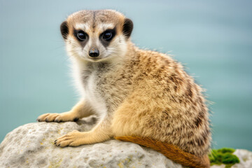 Fototapeta premium A captivating photograph of a curious meerkat standing on its hind legs, surveying its surroundings in the vast savannah, showcasing the meerkat's alertness and adaptability to the arid environmen
