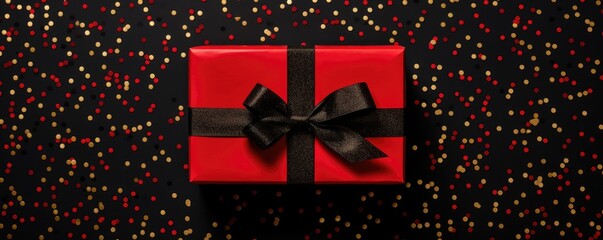 Stylish red gift box with ribbon and bow on dark background. Black friday sale and Boxing day concept with copy space. Present for christmas, birthday and holidays. Design for banner, poster, card