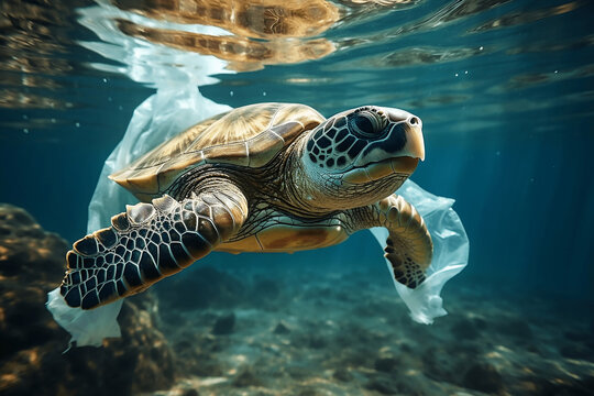 Sea turtle trapped in plastic bags. Environmental pollution problem of rubbish and trash in the oceans and seas