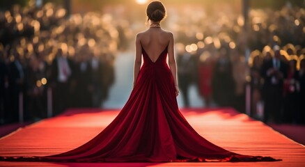 Elegance Unveiled: Woman's Red Carpet Walk. Generative ai