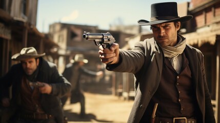Law's Aim: Sheriff in Gunpoint Standoff in Wild West Town. Generative ai