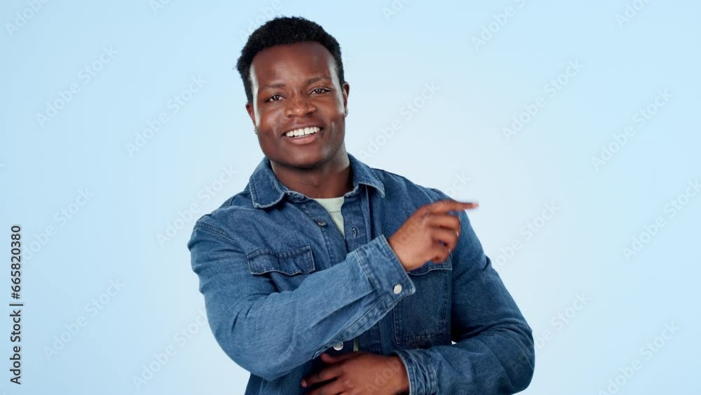 Poster Face, black man and hand pointing in studio with choice, comparison or feedback on blue background. Review, advice and portrait of male model show quote, results or conclusion, vote or decision