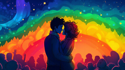 Two persons leaning in for a kiss, with a crowd and a rainbow in background