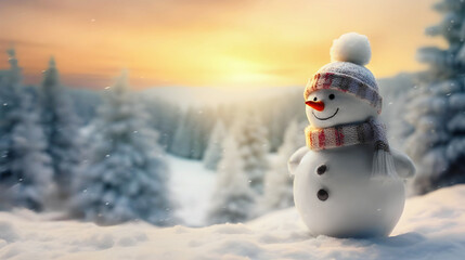 Fototapeta premium Close-up Smiling Snowman on a Winter Sunny Day.