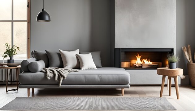 petit salon canap&eacute; gris et chemin&eacute;e