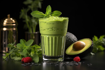 A creamy smoothie made with avocados, almond milk, and a touch of honey, showcasing the smooth and luscious texture of a satisfying and nourishing beverage | ACTORS: Creamy Smoothie | LOCATION TYPE: K