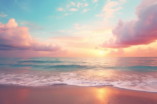 Panoramic nature landscape view of beautiful beach and sea. Inspire tropical beach with sunrise sky. Aerial top view background, drone photo backdrop of seascape horizon. Vacation travel banner