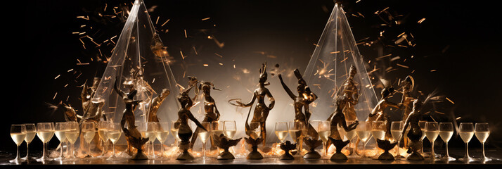 Champagne Tower Revelry  Dance and Delight with Film Grain Enchantment at New Year's Bash - obrazy, fototapety, plakaty