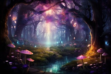 Enchanted elf forest with magical mushrooms, butterfly, pink rose, and moon rays. Generative AI