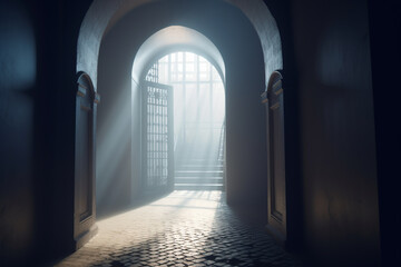 Fototapeta premium mysterious ancient arch, all in smoke and fog, a back light. light rays. Generative AI