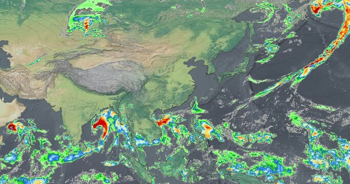 The weather map recreates intense rainfall over Asia, the storms show the progress of rain patterns in the region.
