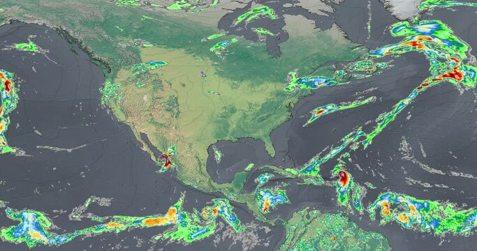 The weather map recreates intense rainfall over North America, the storms show the progress of rain patterns in the region.