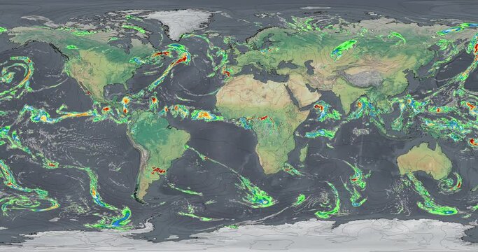The weather map recreates intense rainfall over World, the storms show the progress of rain patterns in the region.