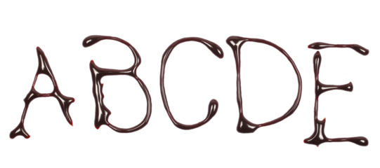 Chocolate topping spreading in shape letter a, b, c, d, e, alphabet isolated on white, top view