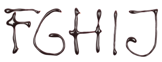 Chocolate topping spreading in shape letter f, g, h, i, j alphabet isolated on white, top view