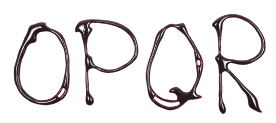 Chocolate topping spreading in shape letter o, p, q, r alphabet isolated on white, top view