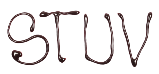 Chocolate topping spreading in shape letter s, t, u, v, alphabet isolated on white, top view
