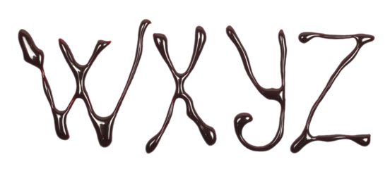 Chocolate topping spreading in shape letter w, x, y, z alphabet isolated on white, top view