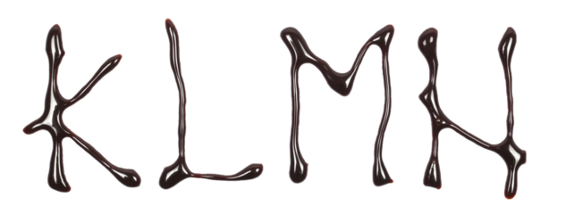 Chocolate topping spreading in shape letter k, l, m, n alphabet isolated on white, top view