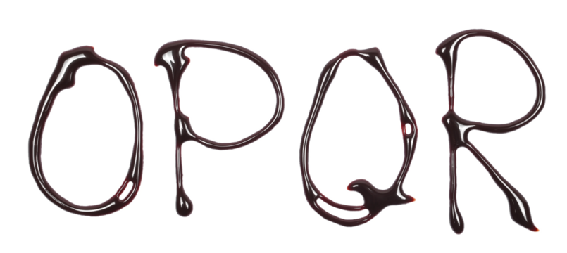 Chocolate topping spreading in shape letter o, p, q, r alphabet isolated on white, top view