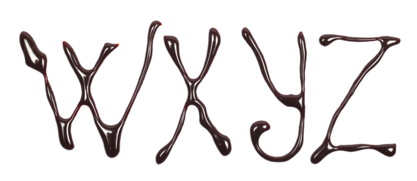 Chocolate topping spreading in shape letter w, x, y, z alphabet isolated on white, top view