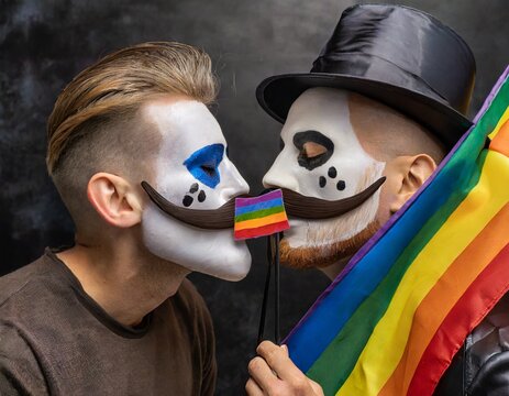Valentines day (lovers day), two halloween scarescrows kisses each other with lgbt flag capuched, they have moustache