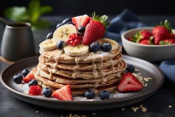 A delightful spread of vegan breakfast options, including fluffy pancakes, creamy overnight oats, fresh fruit, and plant-based yogurt, offering a satisfying and nutritious start to the day | ACTORS: V