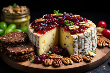 A curated platter of vegan cheeses, accompanied by fresh fruits, nuts, and crusty bread, highlighting the artistry and flavors of plant-based cheese | ACTORS: Vegan Cheese Platter | LOCATION TYPE: Che