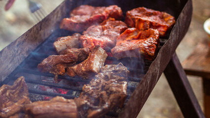 A man fries meat in a barbecue at a picnic and turns the pork over with a fork