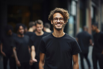A young stylish man in a black T-shirt and. Street photo