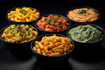 A table set with a selection of mouthwatering vegan pasta dishes, ranging from creamy Alfredo to...